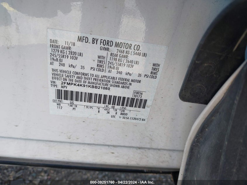 VIN 2FMPK4K91KBB21080 2019 FORD EDGE TITANIUM