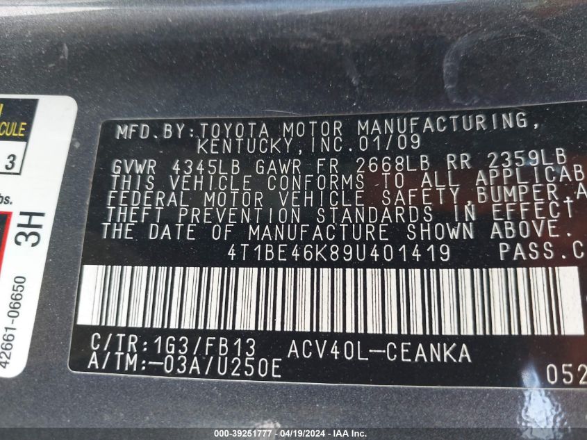 2009 Toyota Camry Le VIN: 4T1BE46K89U401419 Lot: 39251777