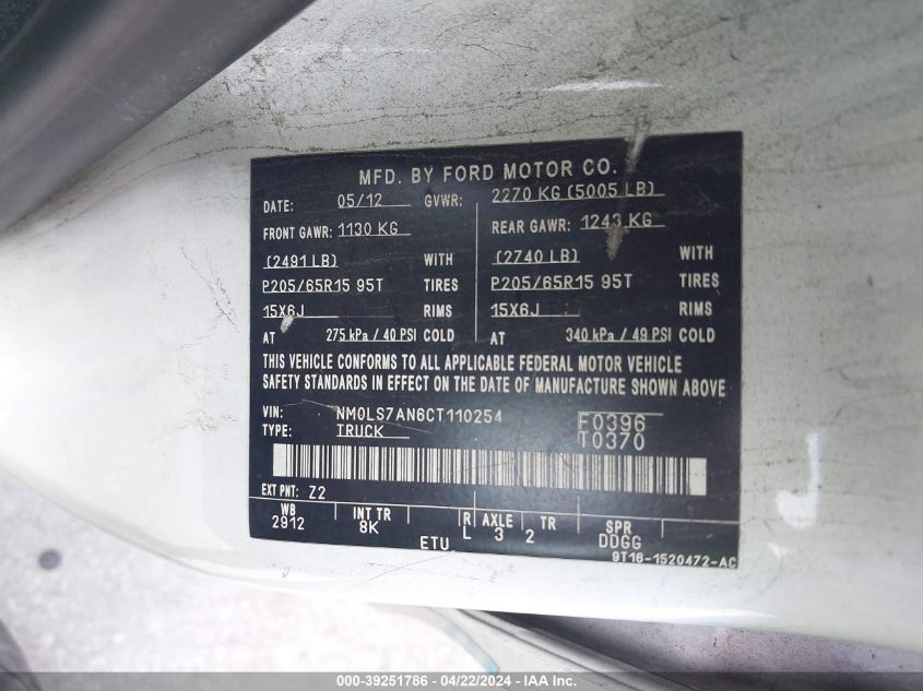 2012 Ford Transit Connect Xl VIN: NM0LS7AN6CT110254 Lot: 39251786