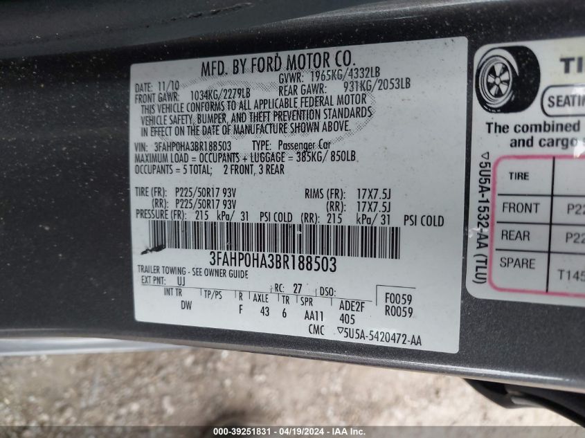 2011 Ford Fusion Se VIN: 3FAHP0HA3BR188503 Lot: 39251831