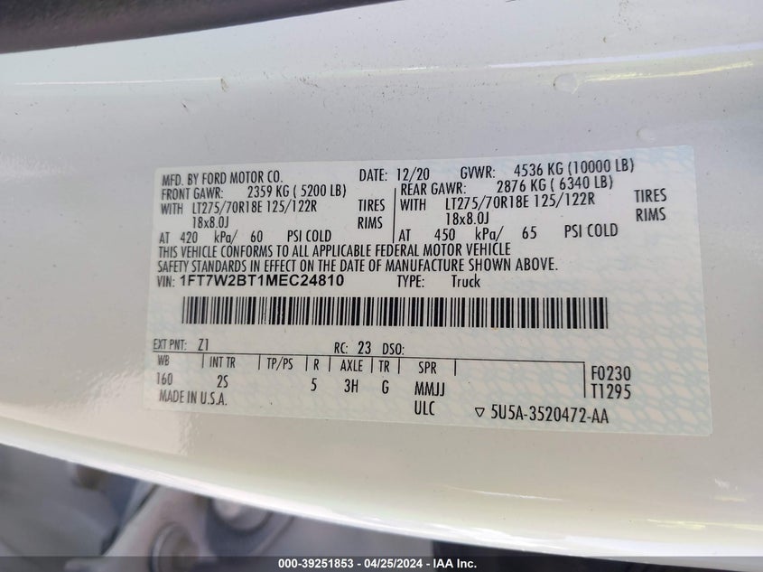 2021 FORD F-250 XLT - 1FT7W2BT1MEC24810