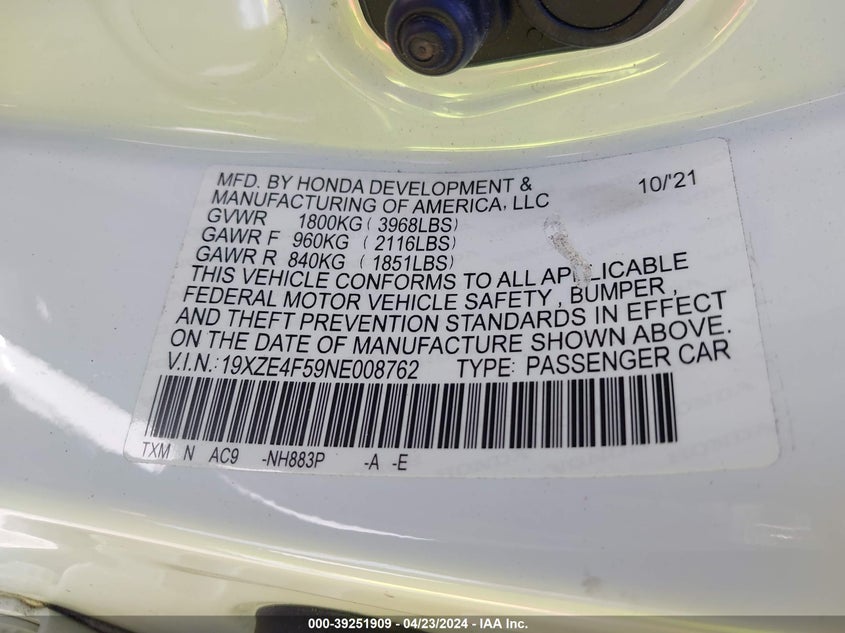 2022 HONDA INSIGHT 1.5L I4 FI DOHC 16V (VIN: 19XZE4F59NE008762