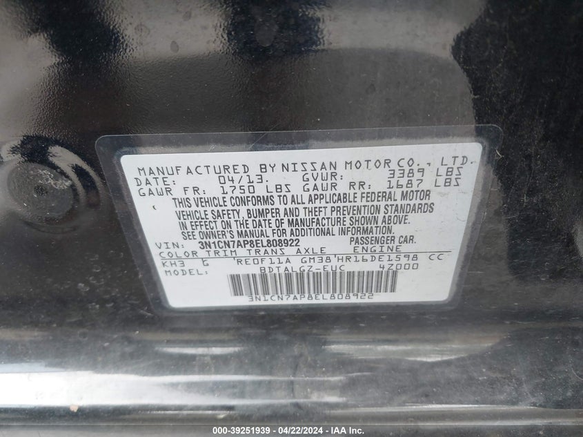 2014 NISSAN VERSA 1.6 SL - 3N1CN7AP8EL808922