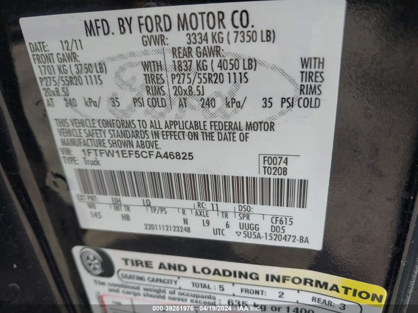 1FTFW1EF5CFA46825 | 2012 FORD F-150