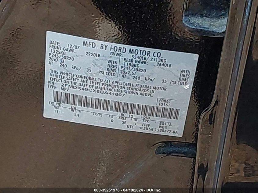 2008 Ford Edge Limited VIN: 2FMDK49CX8BA41807 Lot: 39251978