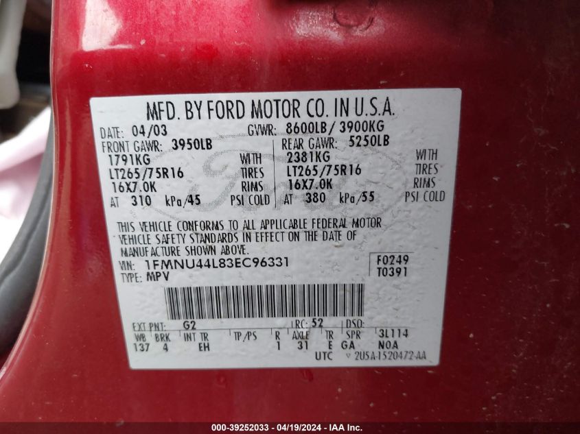 2003 Ford Excursion Eddie Bauer VIN: 1FMNU44L83EC96331 Lot: 39252033