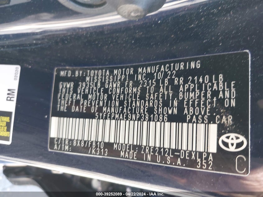 2022 TOYOTA COROLLA LE - 5YFEPMAE9NP381086