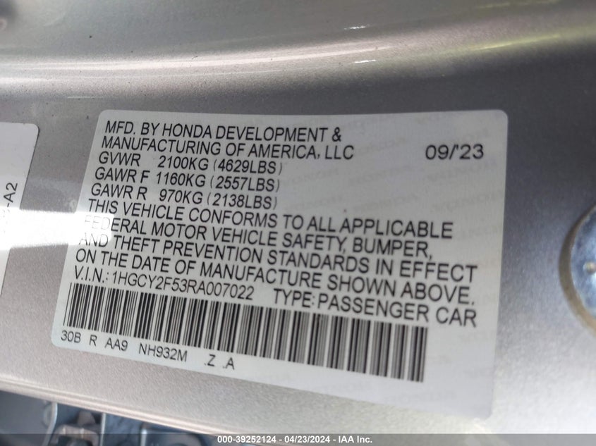 VIN 1HGCY2F53RA007022 2024 HONDA ACCORD HYBRID SPORT