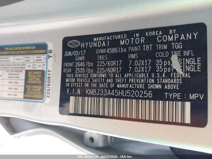 2017 Hyundai Tucson Se VIN: KM8J33A45HU520256 Lot: 39252136