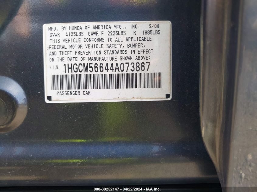 2004 Honda Accord 2.4 Ex VIN: 1HGCM56644A073867 Lot: 39252147