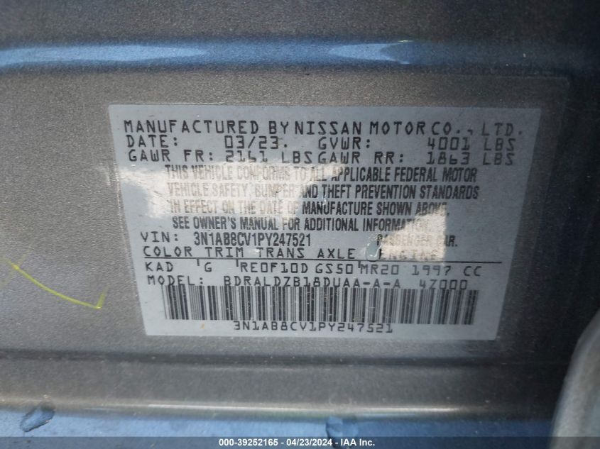 2023 Nissan Sentra Sv Xtronic Cvt VIN: 3N1AB8CV1PY247521 Lot: 39252165