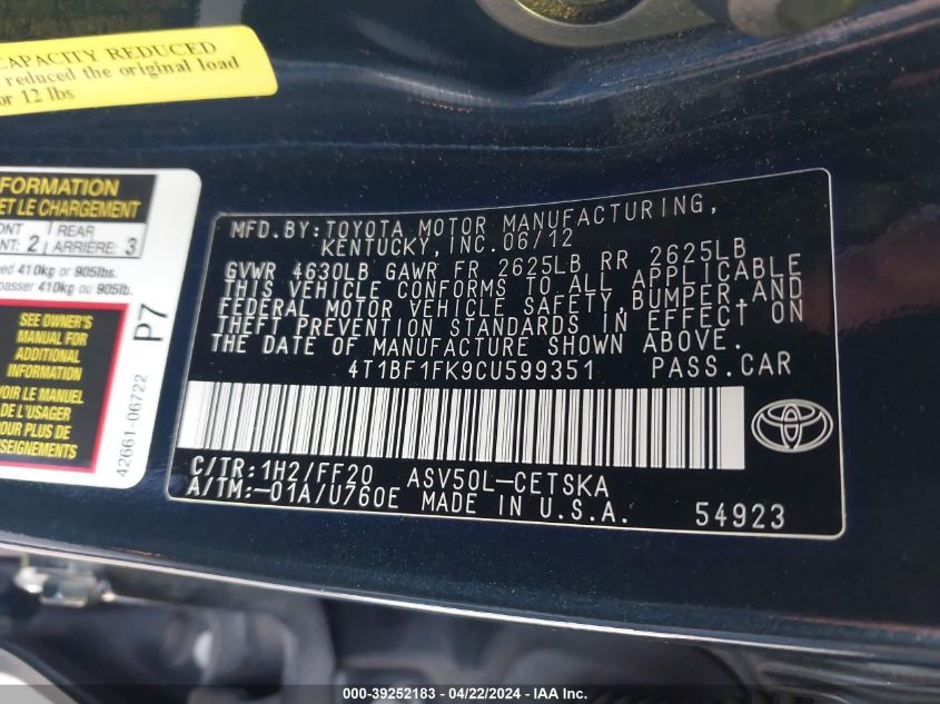 2012 Toyota Camry Se VIN: 4T1BF1FK9CU599351 Lot: 39252183