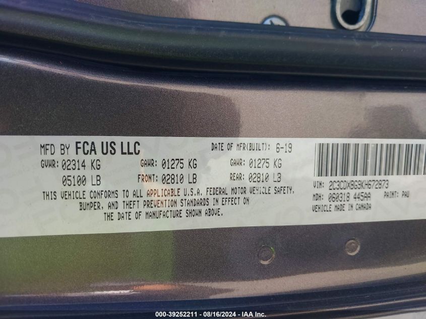 VIN 2C3CDXBG9KH672873 2019 DODGE CHARGER SXT RWD