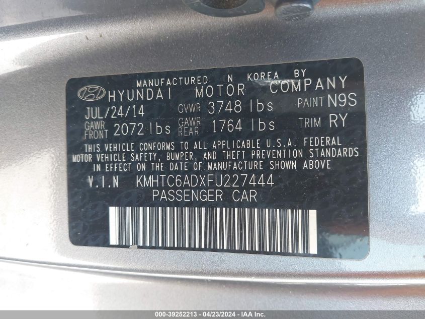 2015 Hyundai Veloster VIN: KMHTC6ADXFU227444 Lot: 39252213