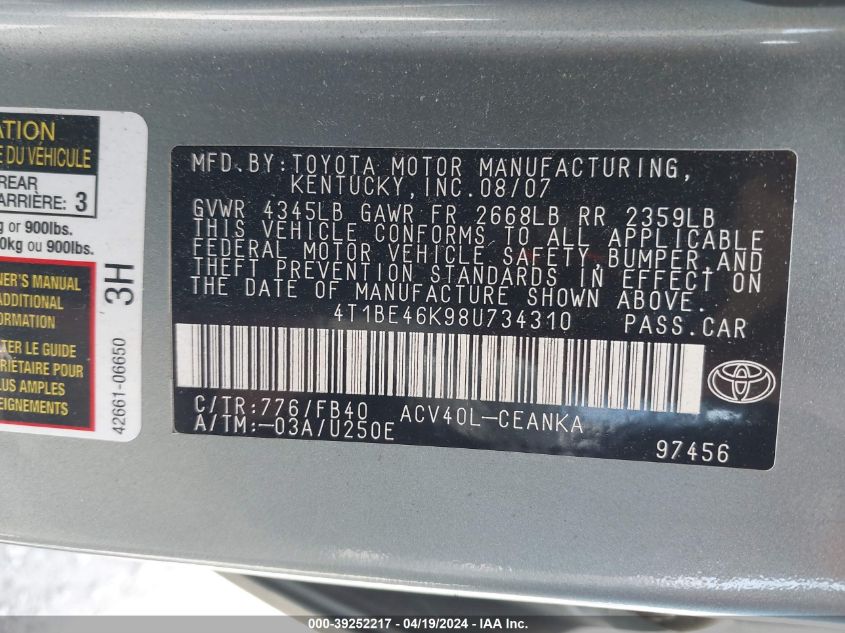 2008 Toyota Camry Le VIN: 4T1BE46K98U734310 Lot: 39252217