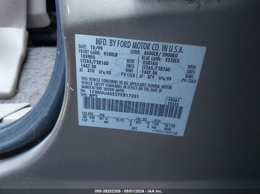 2000 Ford Excursion Xlt VIN: 1FMNU40S2YEB17351 Lot: 39252309