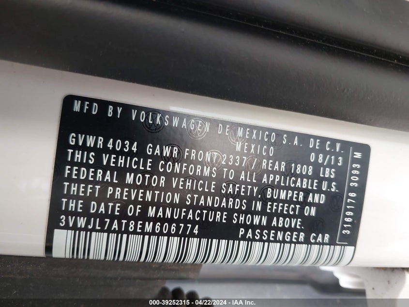 2014 VOLKSWAGEN BEETLE 3VWJL7AT8EM606774