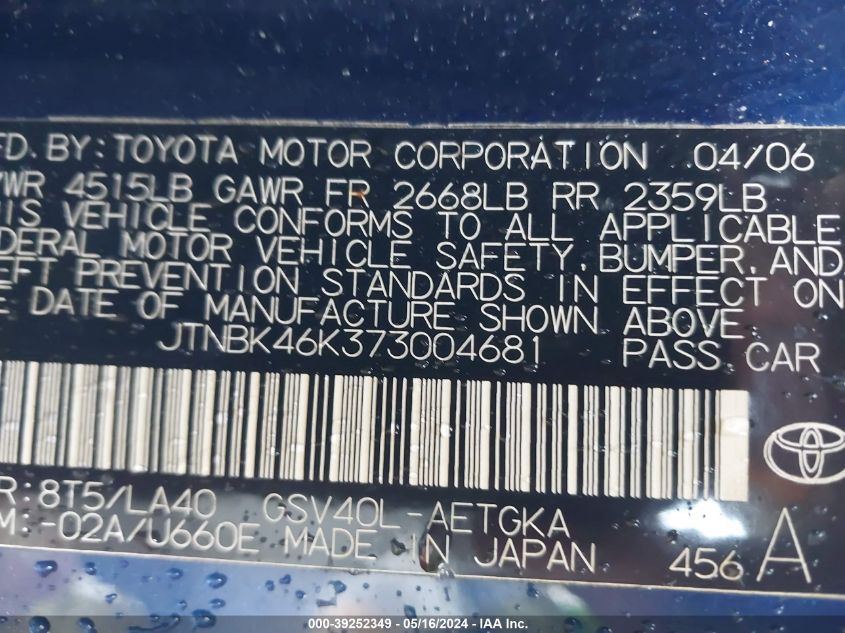 2007 Toyota Camry Xle V6 VIN: JTNBK46K373004681 Lot: 39252349