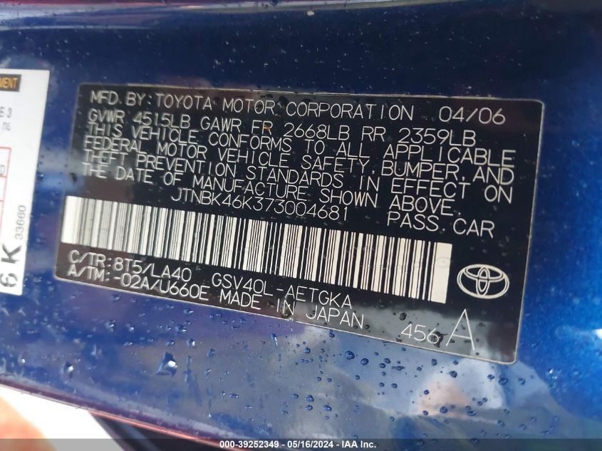 2007 Toyota Camry Xle V6 VIN: JTNBK46K373004681 Lot: 39252349