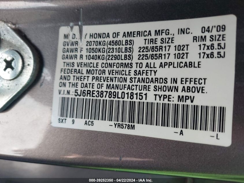 2009 Honda Cr-V Ex-L VIN: 5J6RE38789L018151 Lot: 39252350