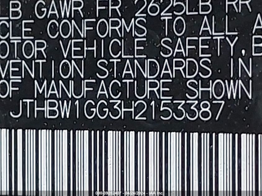 2017 Lexus Es 300H VIN: JTHBW1GG3H2153387 Lot: 39252407