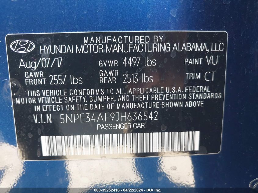 2018 Hyundai Sonata Sport VIN: 5NPE34AF9JH636542 Lot: 39252416