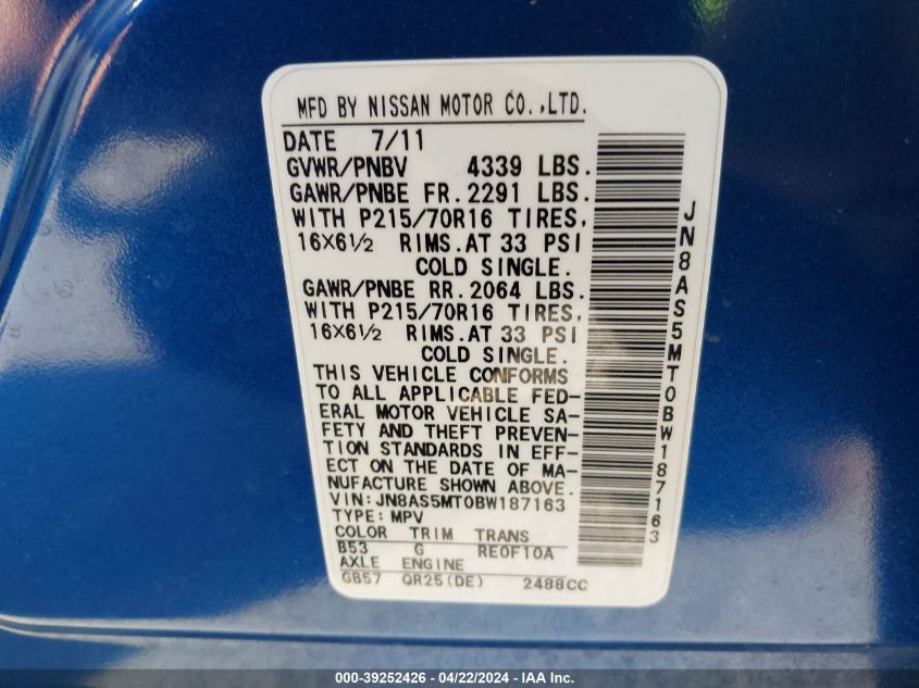 2011 Nissan Rogue S VIN: JN8AS5MT0BW187163 Lot: 39252426