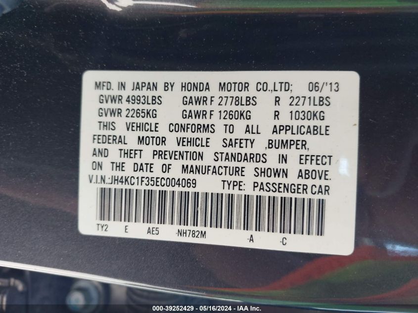 2014 Acura Rlx VIN: JH4KC1F35EC004069 Lot: 39252429