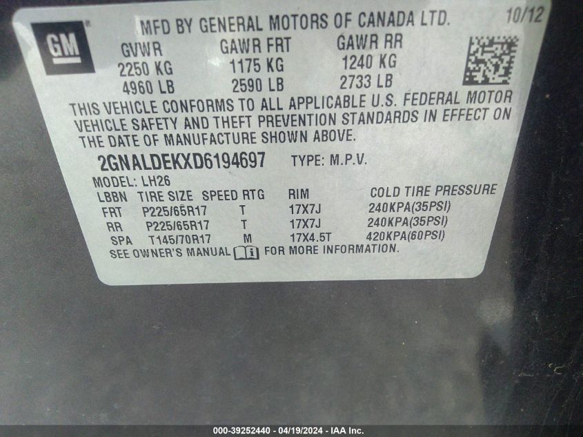 2013 Chevrolet Equinox 1Lt VIN: 2GNALDEKXD6194697 Lot: 39252440