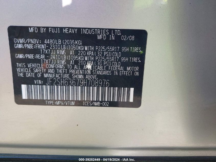2009 Subaru Forester 2.5X VIN: JF2SH63679H708976 Lot: 39252449