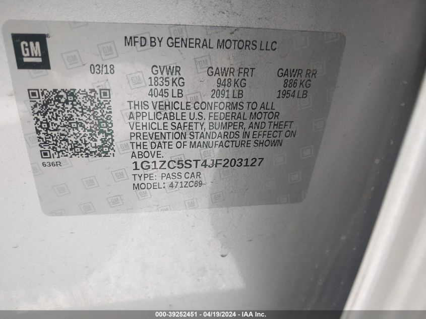 2018 Chevrolet Malibu 1Fl VIN: 1G1ZC5ST4JF203127 Lot: 39252451