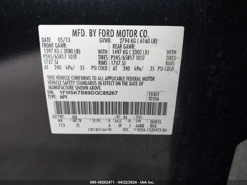 2013 Ford Explorer VIN: 1FM5K7B89DGC85267 Lot: 39252471