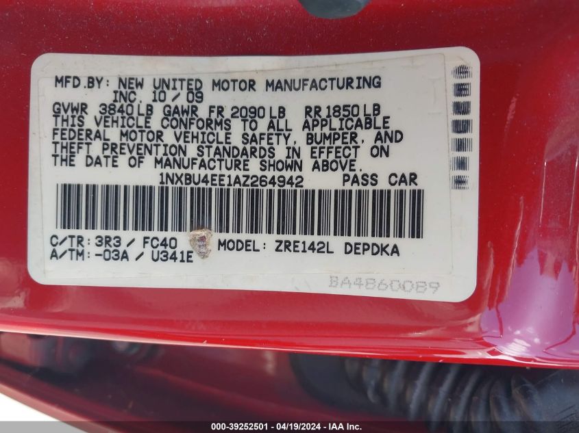 2010 Toyota Corolla Le VIN: 1NXBU4EE1AZ264942 Lot: 39252501