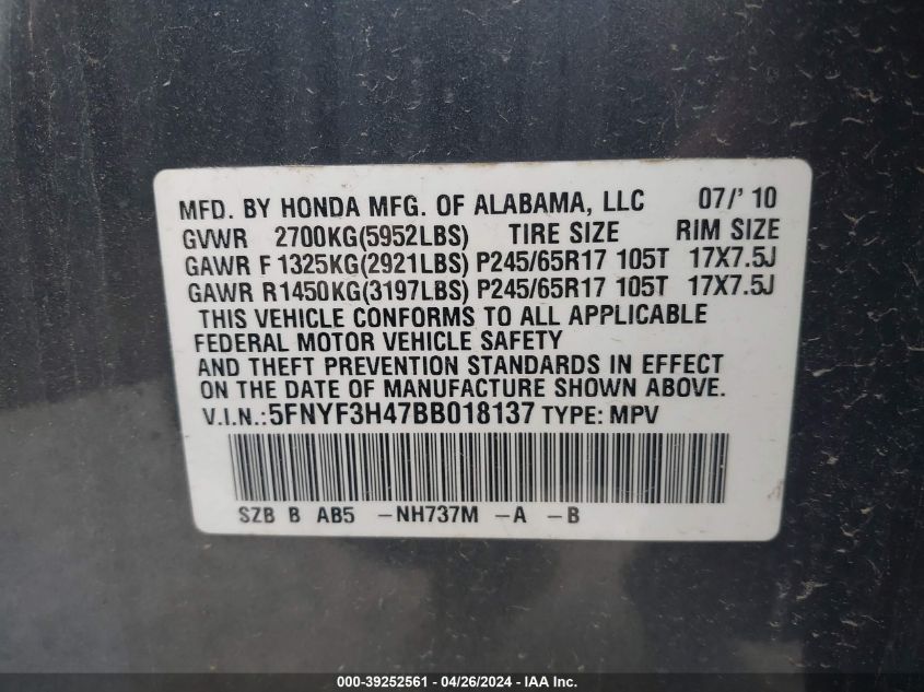 2011 Honda Pilot Ex VIN: 5FNYF3H47BB018137 Lot: 39252561