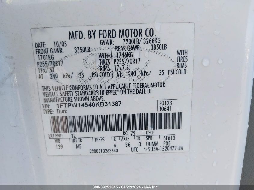 2006 Ford F-150 Fx4/Lariat/Xlt VIN: 1FTPW14546KB31387 Lot: 39252645