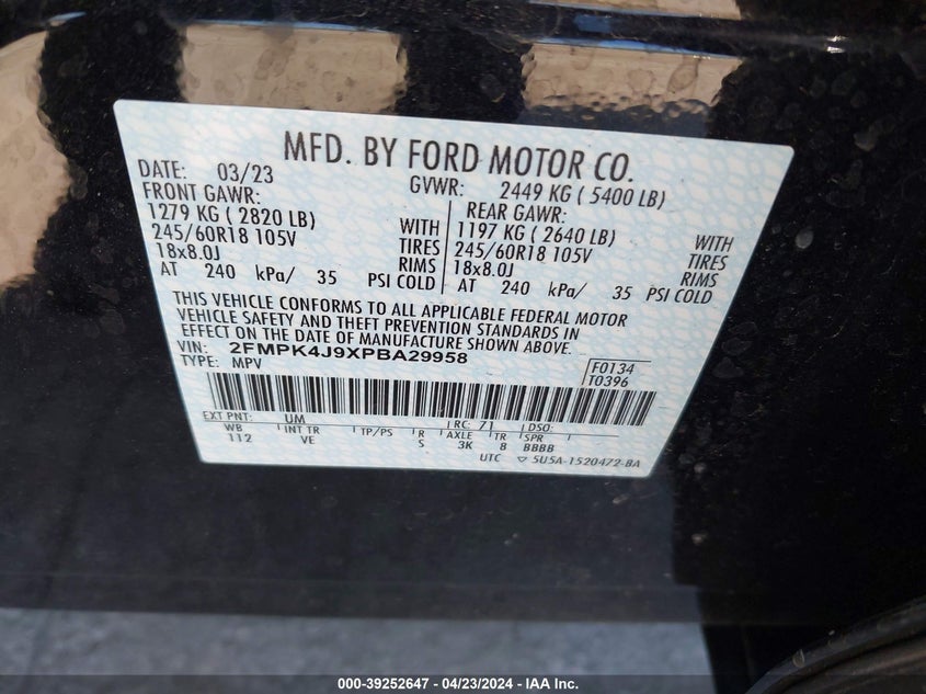 VIN 2FMPK4J9XPBA29958 2023 FORD EDGE SEL