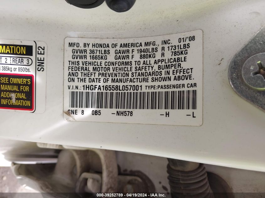 2008 Honda Civic Lx VIN: 1HGFA16558L057001 Lot: 39252789