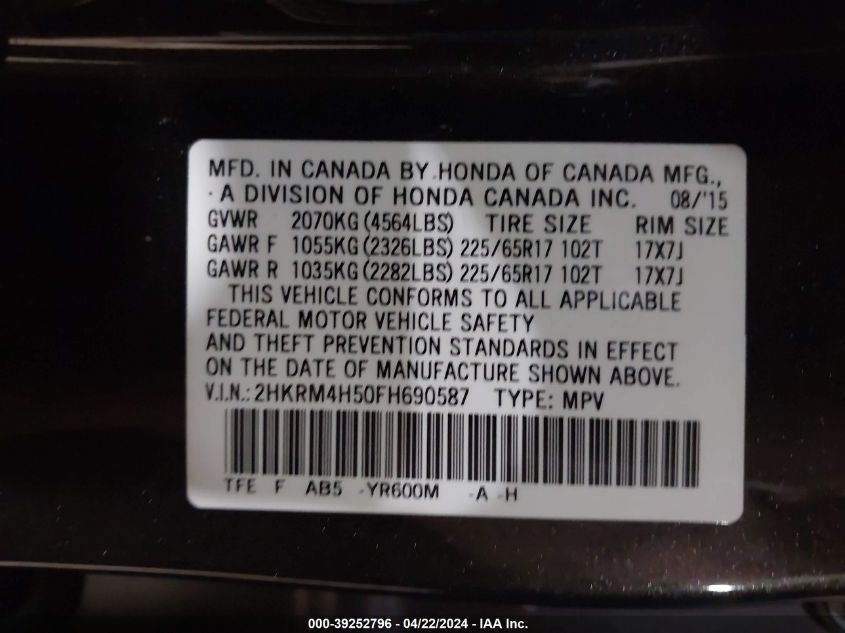 2015 Honda Cr-V Ex VIN: 2HKRM4H50FH690587 Lot: 39252796