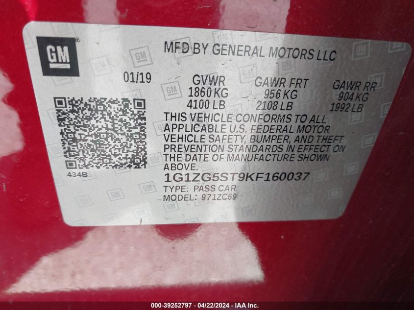 2019 Chevrolet Malibu Rs VIN: 1G1ZG5ST9KF160037 Lot: 39252797