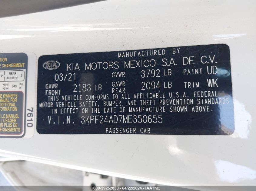 2021 Kia Forte Lxs VIN: 3KPF24AD7ME350655 Lot: 39252833