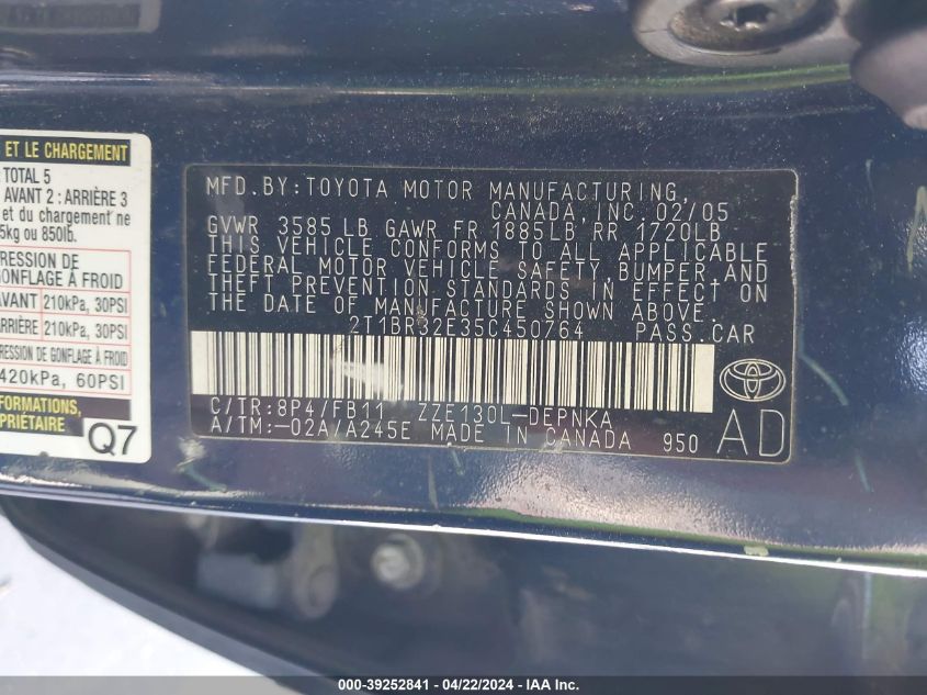 2005 Toyota Corolla Le VIN: 2T1BR32E35C450764 Lot: 39252841