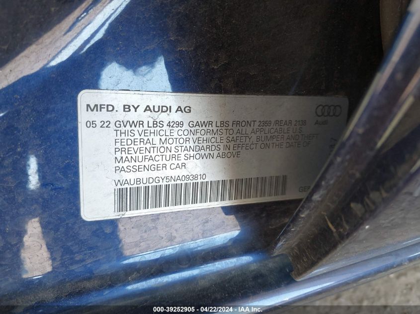 2022 Audi A3 Premium Plus 40 Tfsi Front-Wheel Drive S Tronic VIN: WAUBUDGY5NA093810 Lot: 39252905