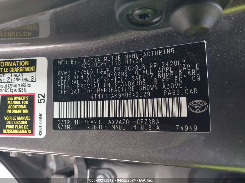 2021 Toyota Camry Se VIN: 4T1T11AK9MU542529 Lot: 39252912