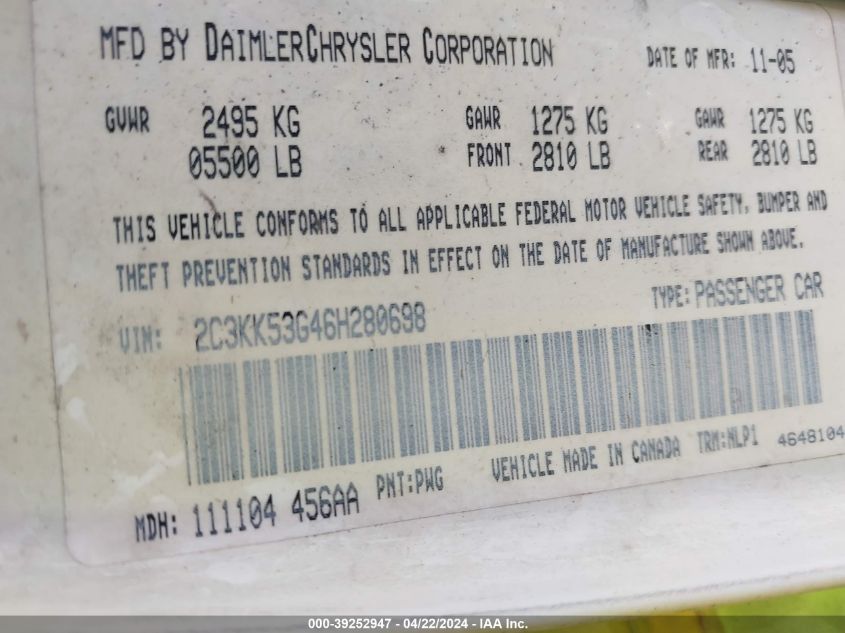 2006 Chrysler 300 Touring VIN: 2C3KK53G46H280698 Lot: 39252947