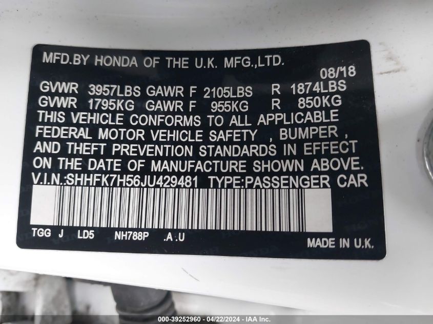 2018 Honda Civic Ex VIN: SHHFK7H56JU429481 Lot: 39252960