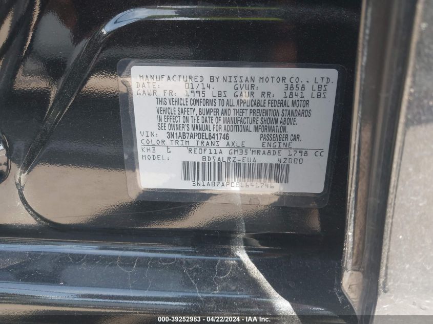 2014 Nissan Sentra Sr VIN: 3N1AB7AP0EL641746 Lot: 39252983