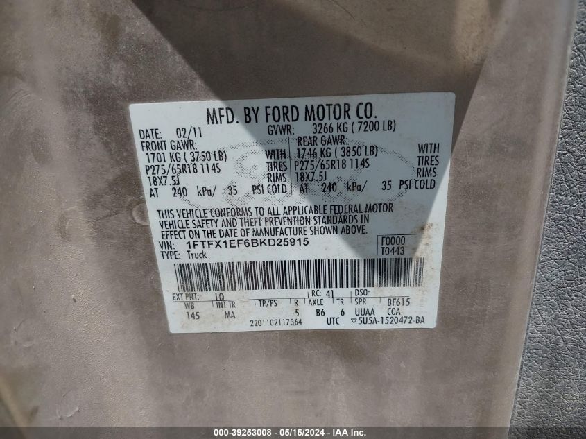 2011 Ford F-150 Xlt VIN: 1FTFX1EF6BKD25915 Lot: 39253008