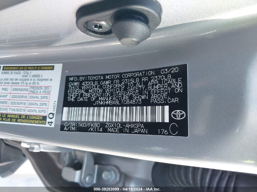 2020 Toyota C-Hr Xle VIN: JTNKHMBX8L1084873 Lot: 39253099