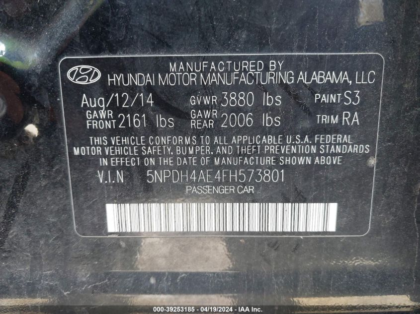 5NPDH4AE4FH573801 | 2015 HYUNDAI ELANTRA