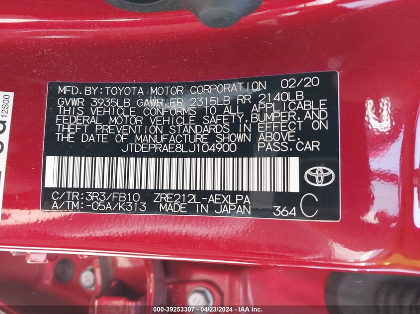 VIN JTDEPRAE8LJ104900 2020 TOYOTA COROLLA LE